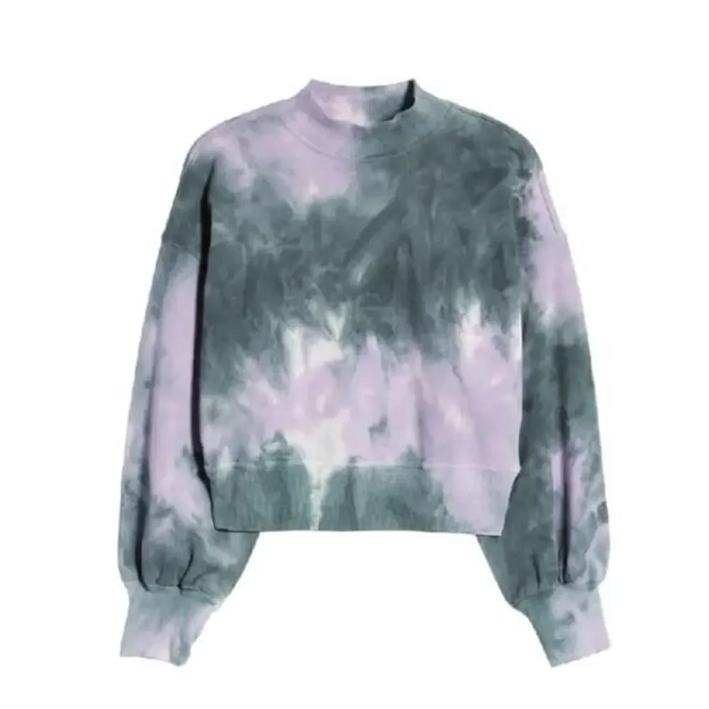 All in Favor Women's Tie Dye Puff Sleeve‎ Sweatshirt in Green Purple Medium $59